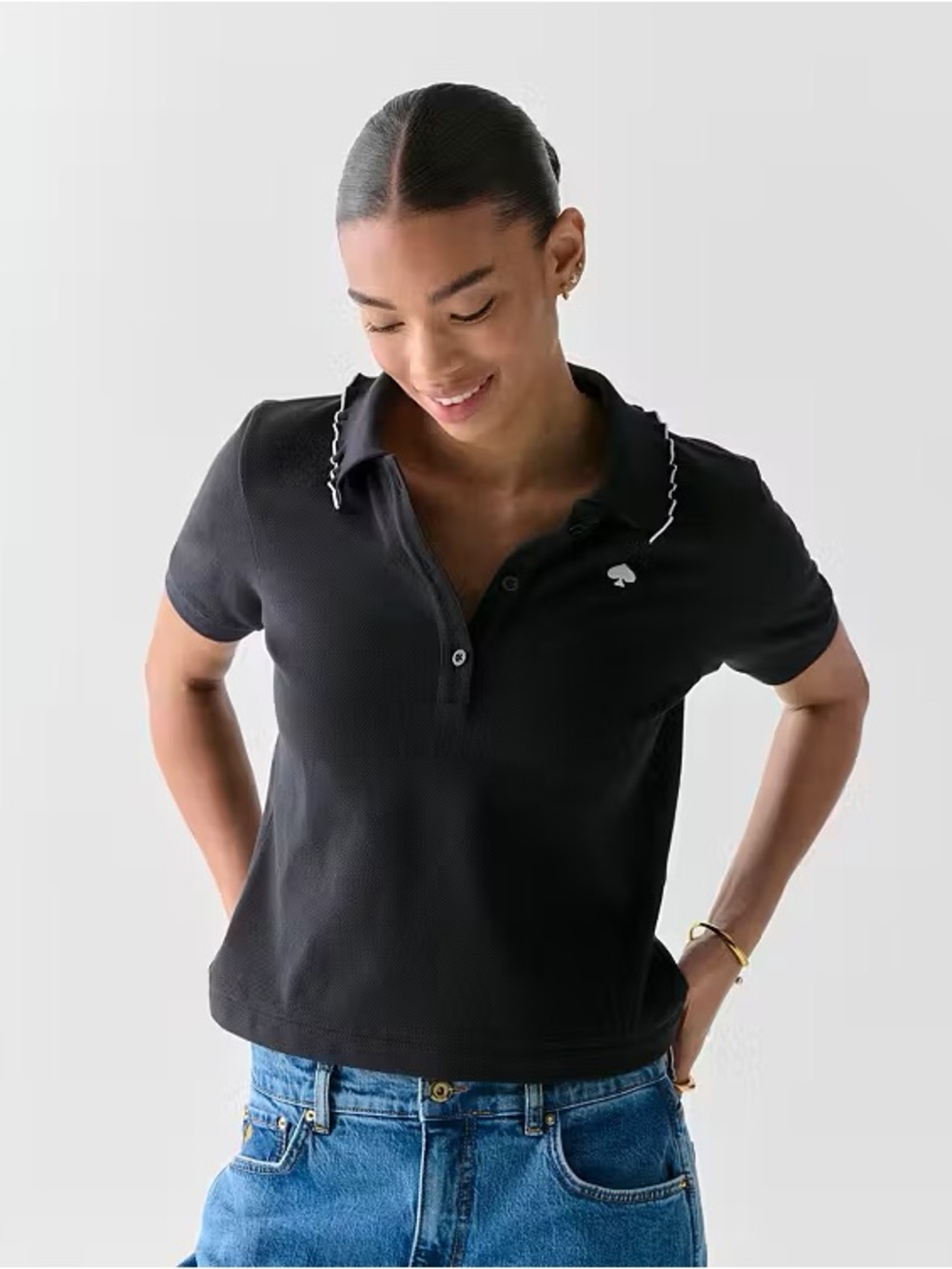 kate spade Black Short-Sleeve Polo with ruffle collar